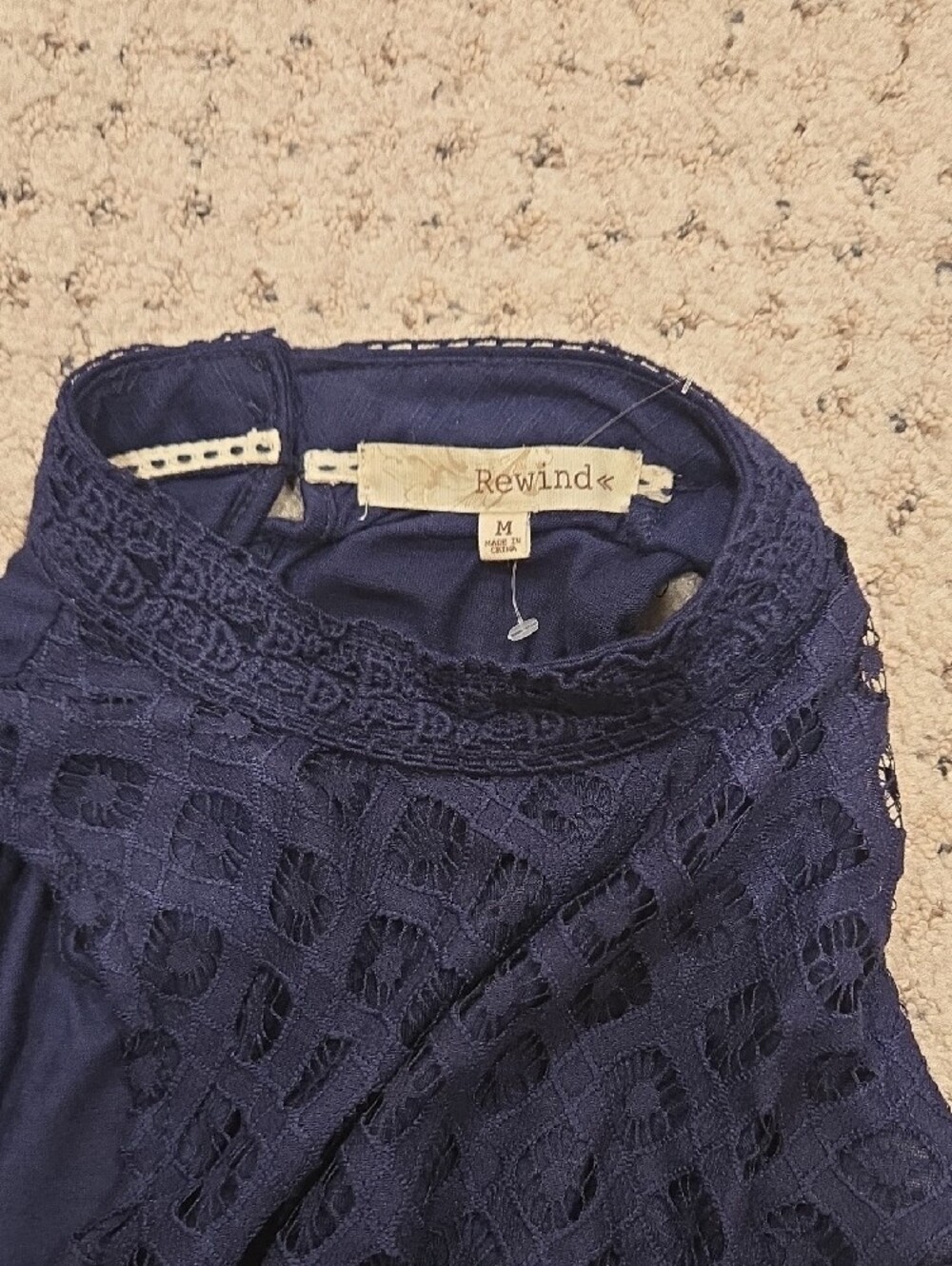 3/15$ Rewind Navy Sleeveless Lace Mock Neck Halter Top - Picture 2 of 4